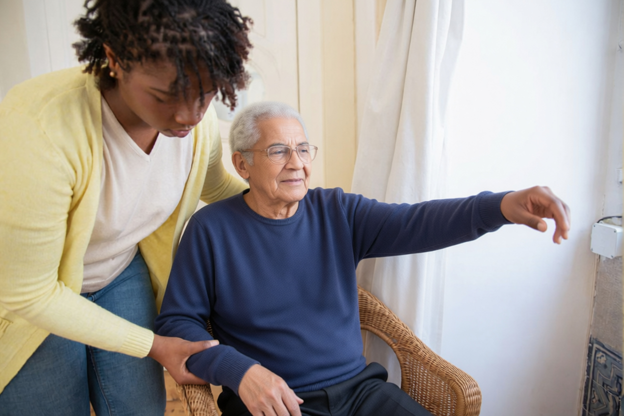 Caregiver helping a client sit comfortably