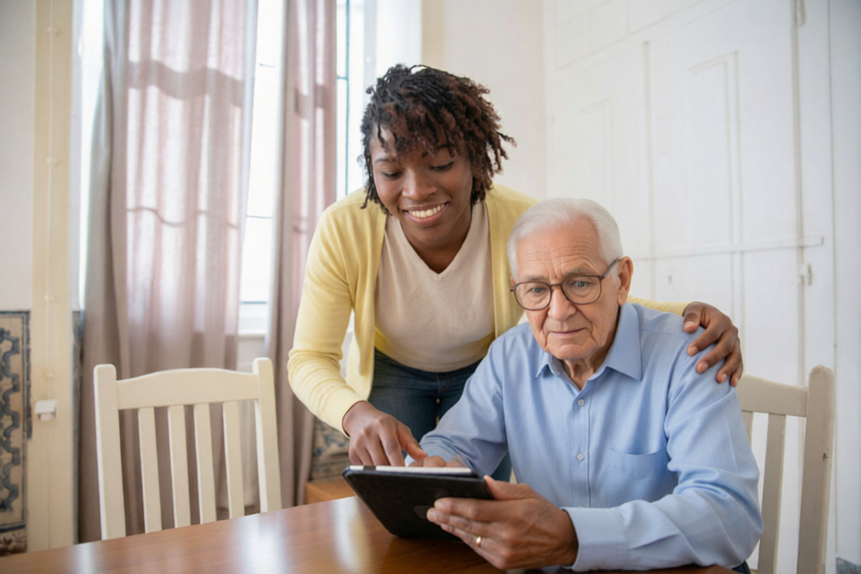 A caregiver with a family at home