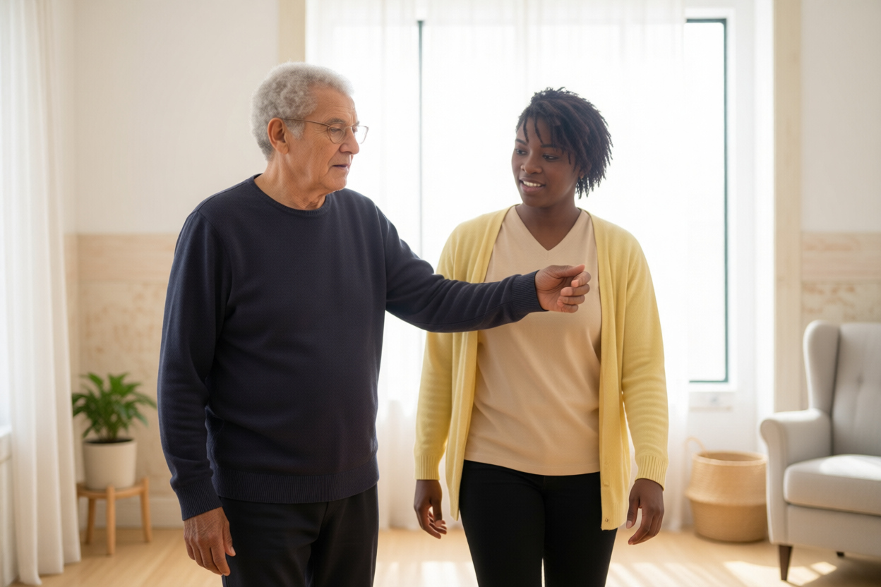 Caregiver supporting a client during movement